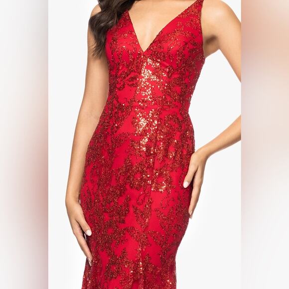 Blondie Nites Juniors' Glitter-Floral V-Neck Gown Red Sz 3 - Picture 9 of 10